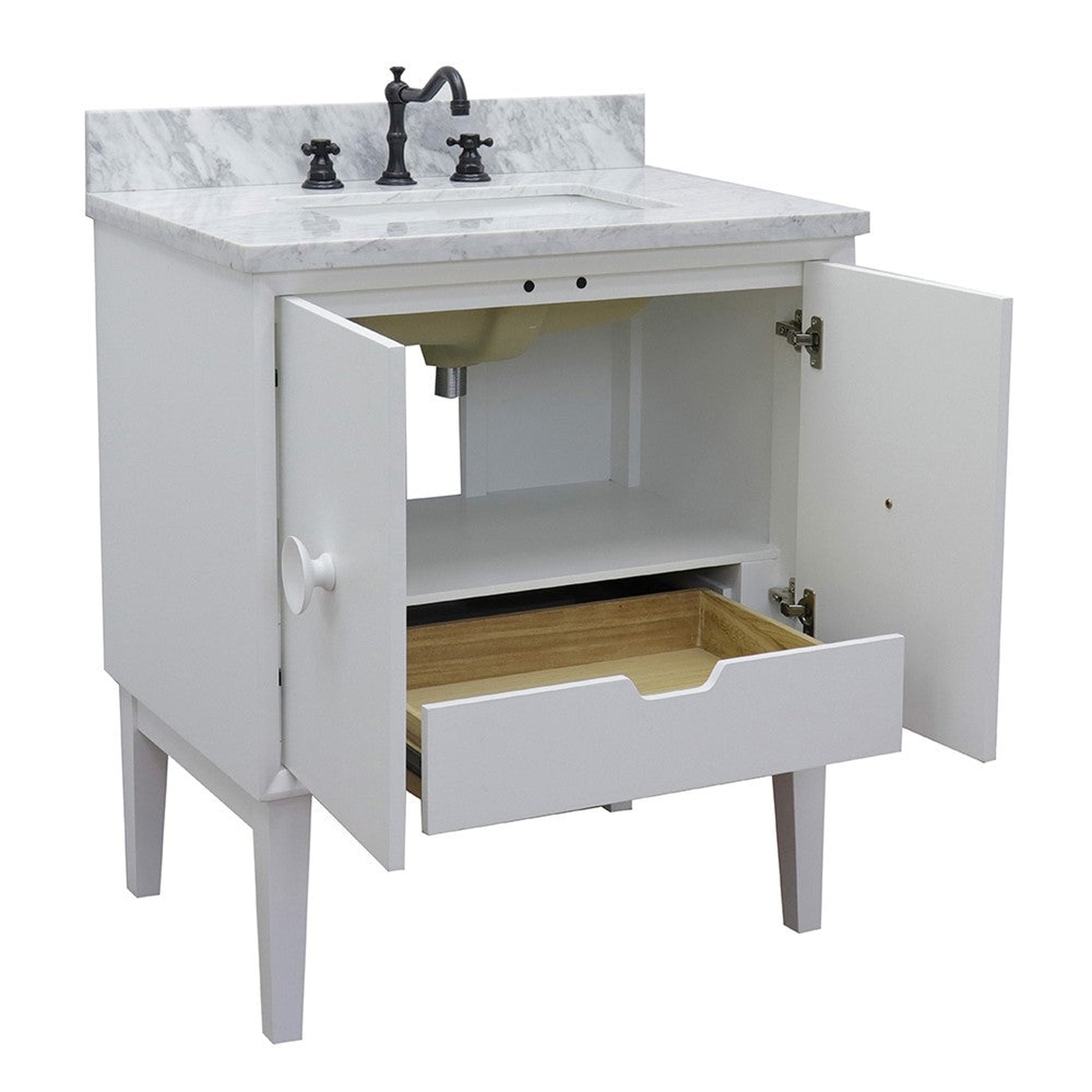 Bellaterra Home Stora 31" 2-Door 1-Drawer White Freestanding Vanity Set With Ceramic Undermount Rectangular Sink and White Carrara Marble Top