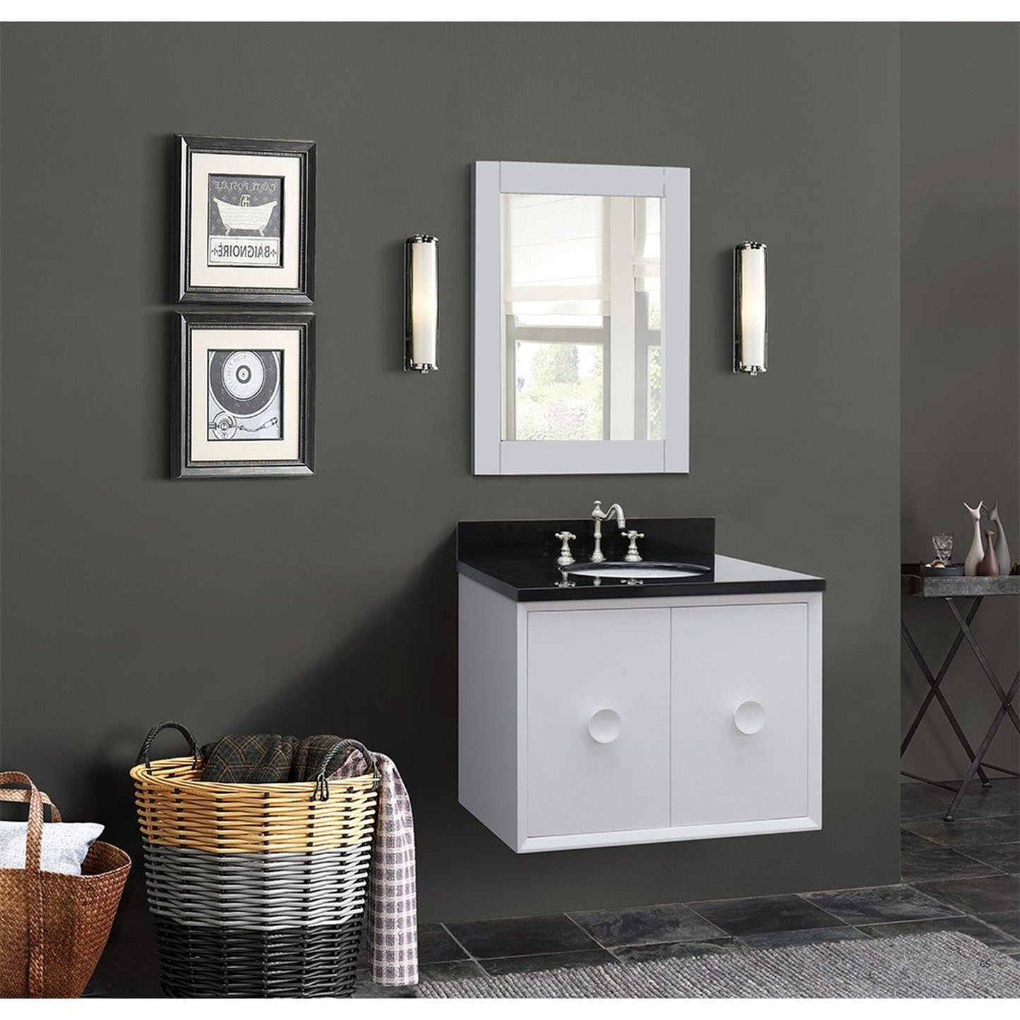 Bellaterra Home Stora 31" 2-Door 1-Drawer White Wall-Mount Vanity Set With Ceramic Undermount Oval Sink and Black Galaxy Top