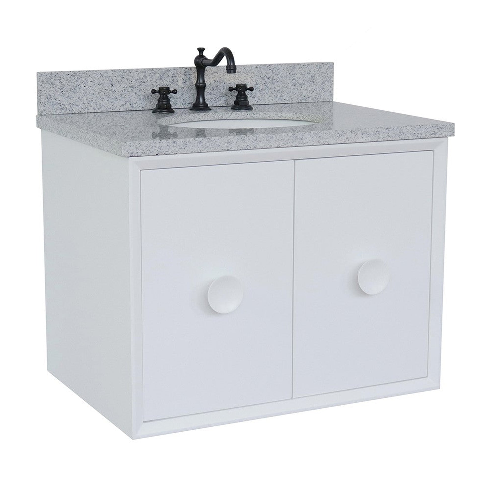 Bellaterra Home Stora 31" 2-Door 1-Drawer White Wall-Mount Vanity Set With Ceramic Undermount Oval Sink and Gray Granite Top