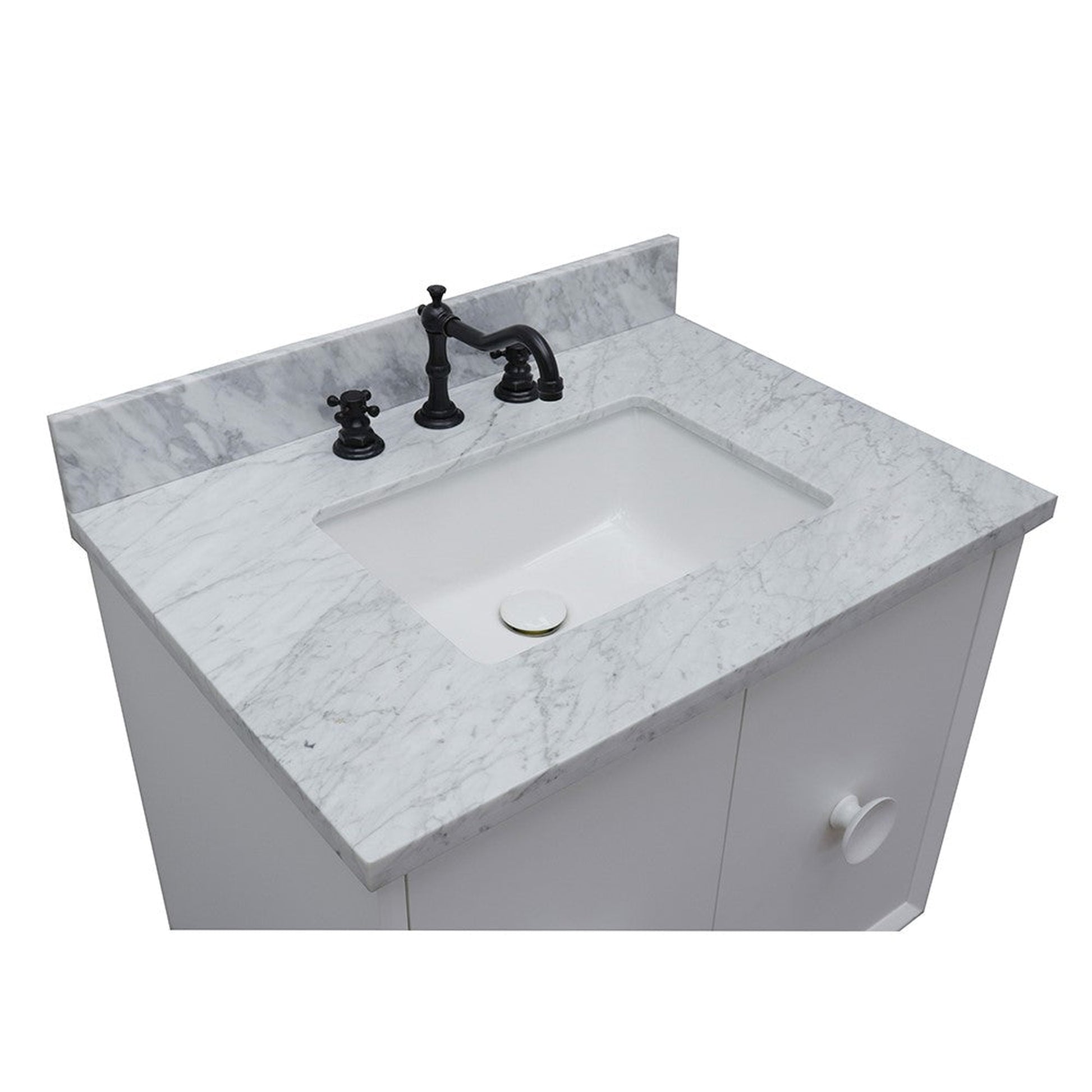 Bellaterra Home Stora 31" 2-Door 1-Drawer White Wall-Mount Vanity Set With Ceramic Undermount Rectangular Sink and White Carrara Marble Top