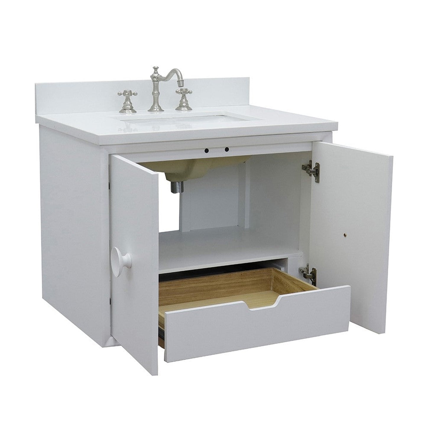 Bellaterra Home Stora 31" 2-Door 1-Drawer White Wall-Mount Vanity Set With Ceramic Undermount Rectangular Sink and White Quartz Top