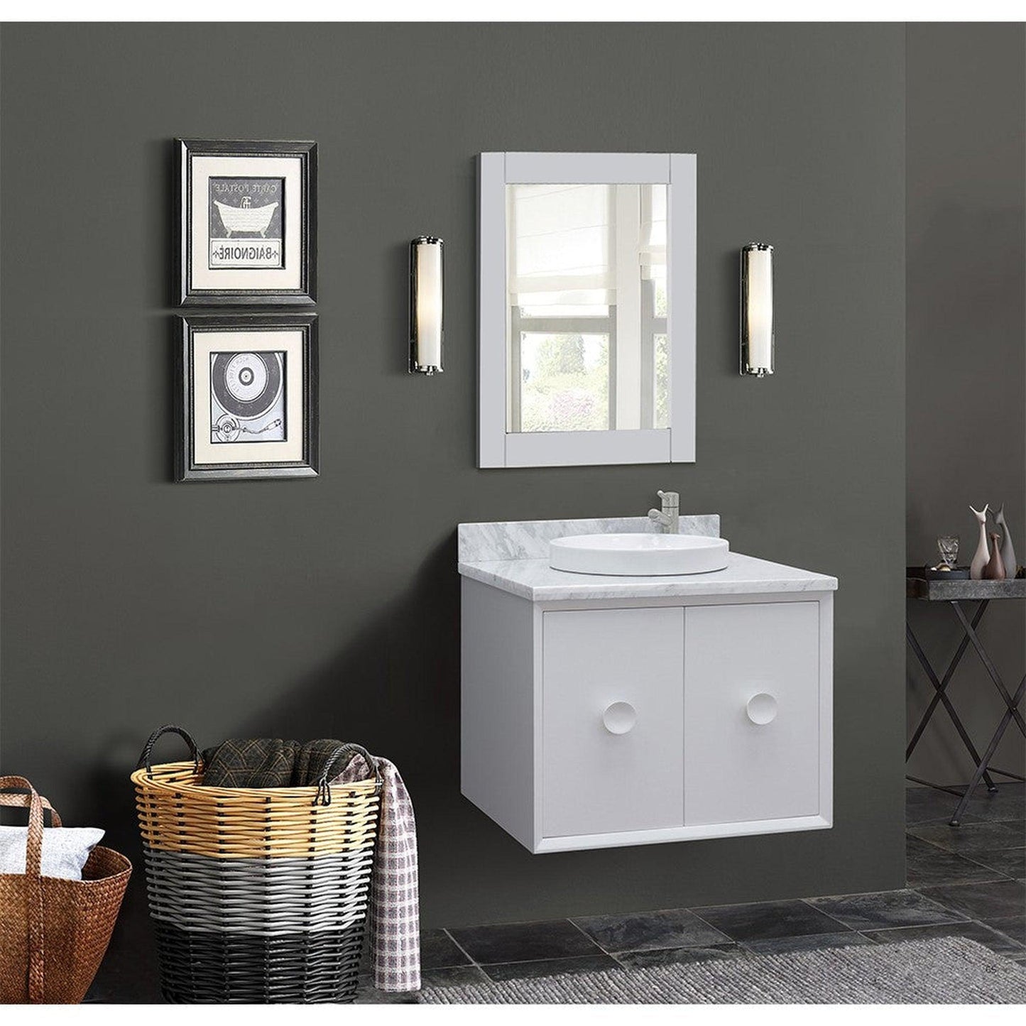 Bellaterra Home Stora 31" 2-Door 1-Drawer White Wall-Mount Vanity Set With Ceramic Vessel Sink and White Carrara Marble Top