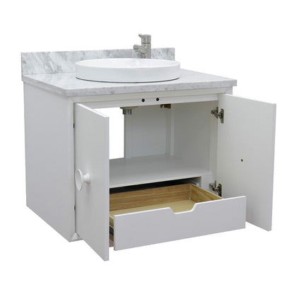 Bellaterra Home Stora 31" 2-Door 1-Drawer White Wall-Mount Vanity Set With Ceramic Vessel Sink and White Carrara Marble Top