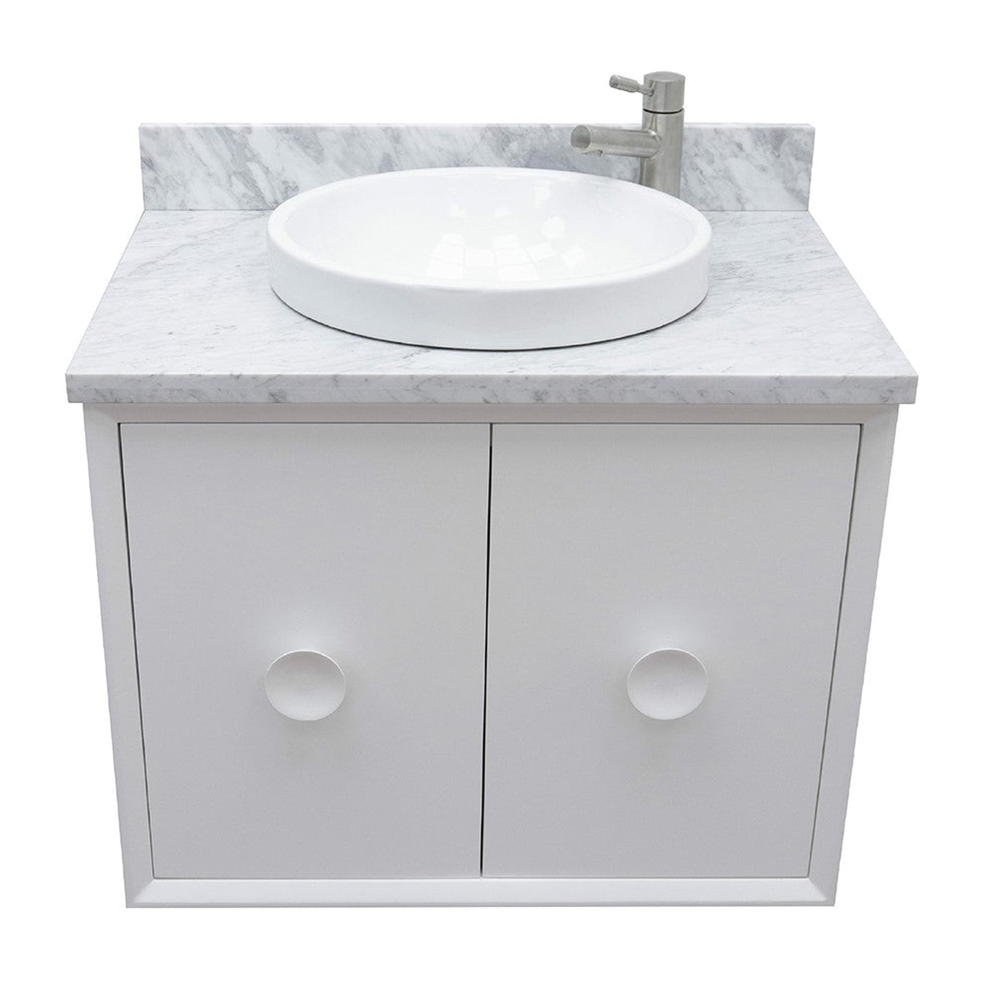 Bellaterra Home Stora 31" 2-Door 1-Drawer White Wall-Mount Vanity Set With Ceramic Vessel Sink and White Carrara Marble Top