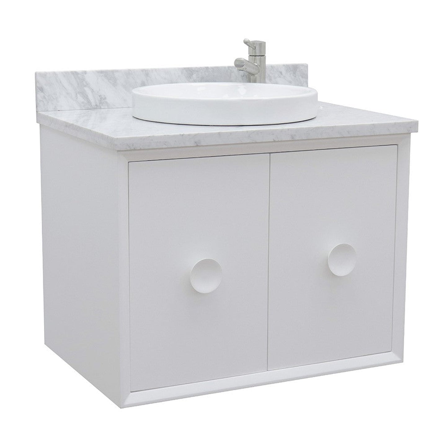 Bellaterra Home Stora 31" 2-Door 1-Drawer White Wall-Mount Vanity Set With Ceramic Vessel Sink and White Carrara Marble Top