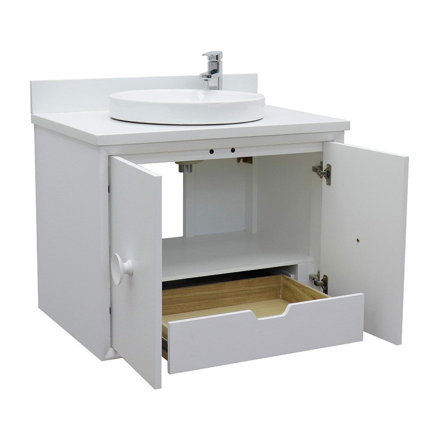 Bellaterra Home Stora 31" 2-Door 1-Drawer White Wall-Mount Vanity Set With Ceramic Vessel Sink and White Quartz Top