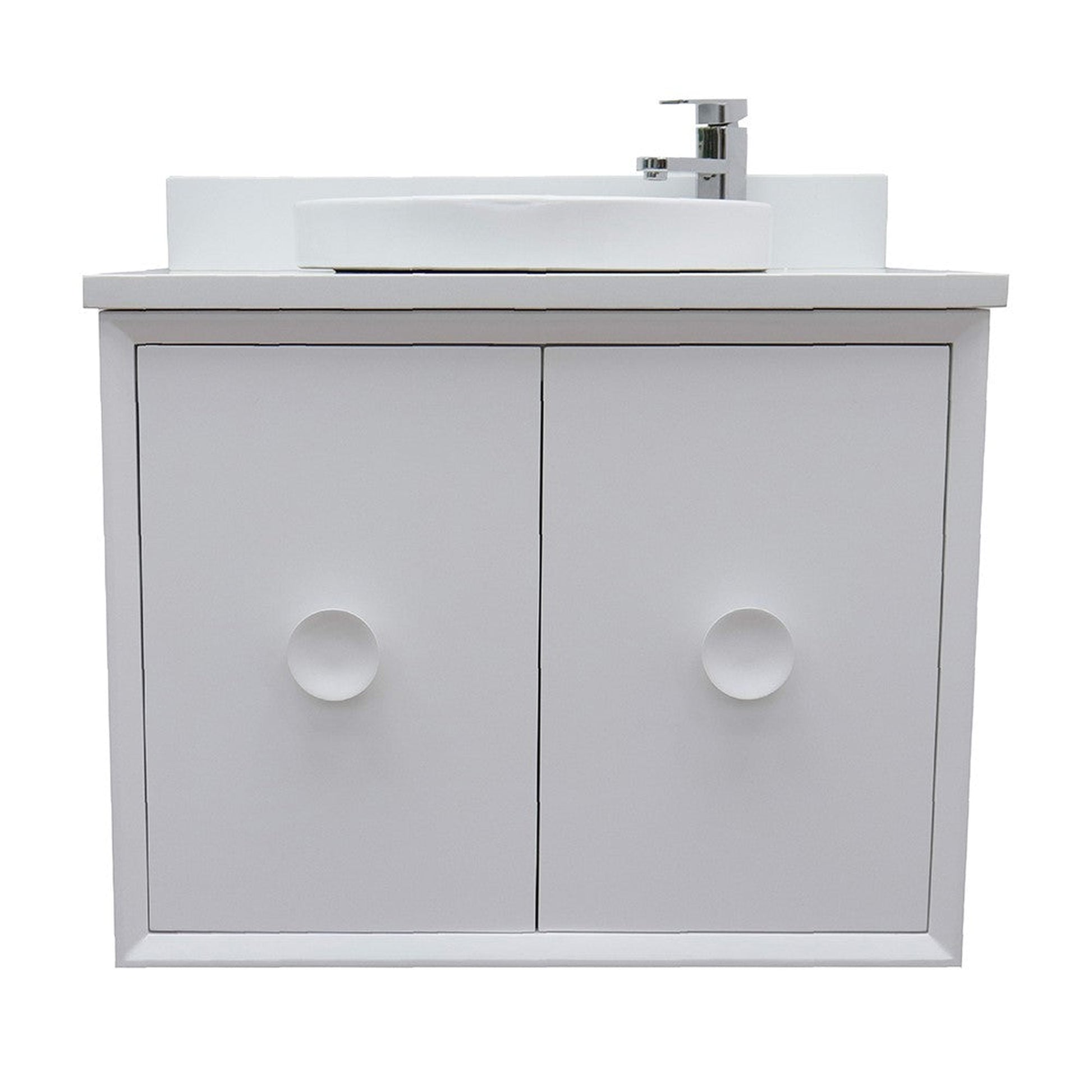 Bellaterra Home Stora 31" 2-Door 1-Drawer White Wall-Mount Vanity Set With Ceramic Vessel Sink and White Quartz Top