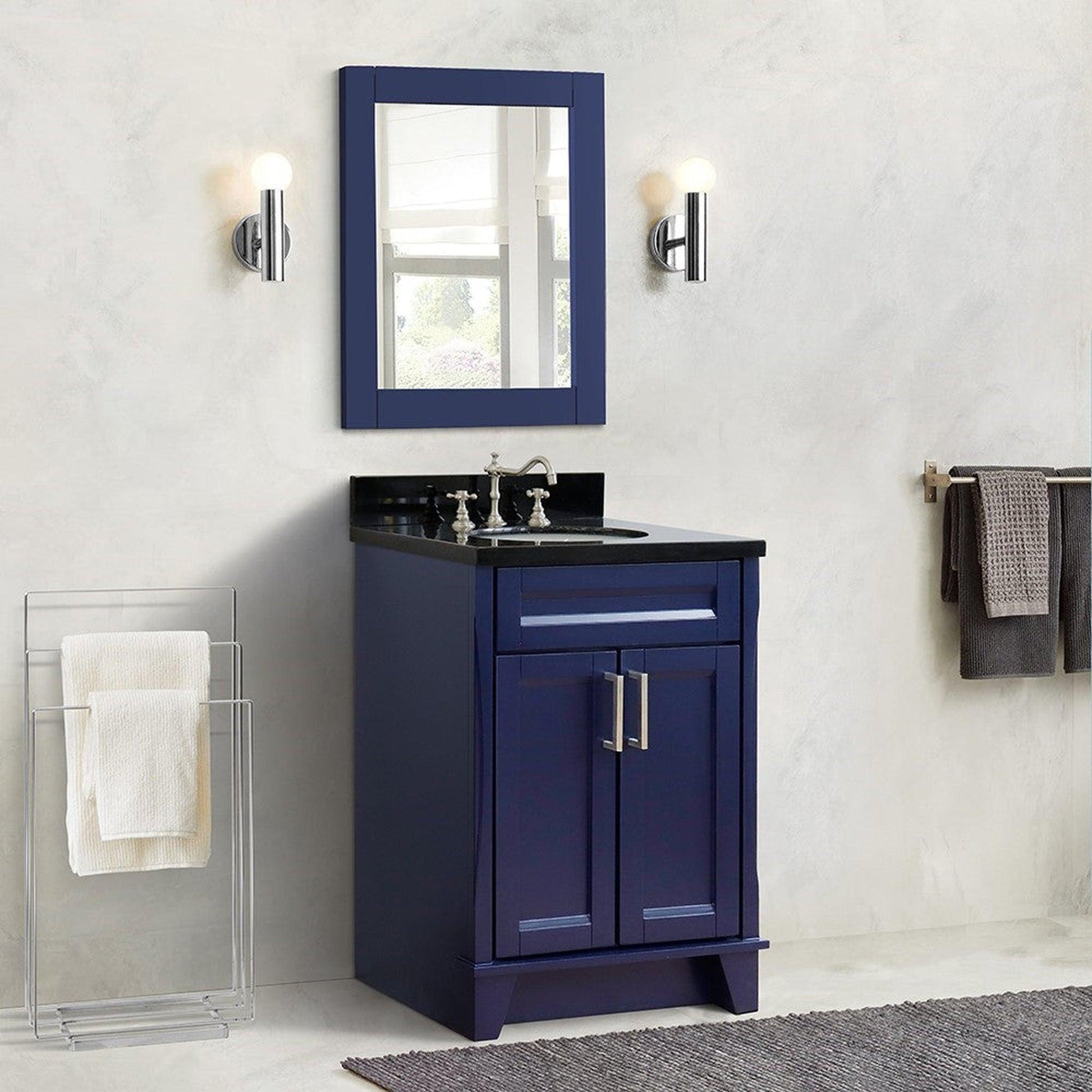 Bellaterra Home Terni 25" 2-Door 1-Drawer Blue Freestanding Vanity Set With Ceramic Undermount Oval Sink and Black Galaxy Granite Top