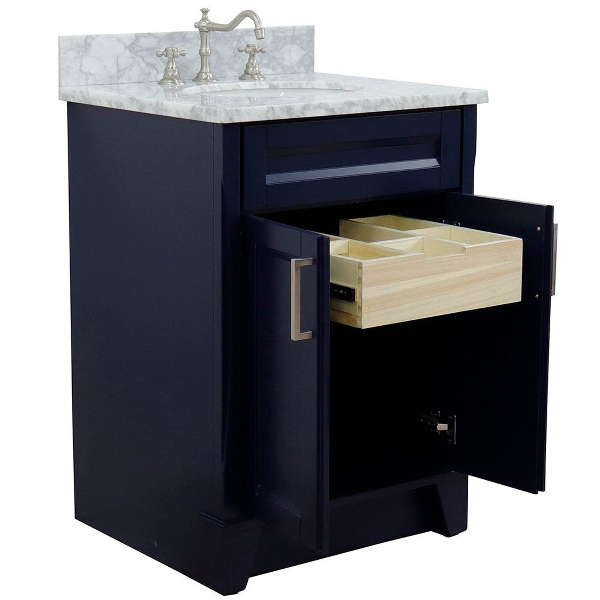 Bellaterra Home Terni 25" 2-Door 1-Drawer Blue Freestanding Vanity Set With Ceramic Undermount Oval Sink and White Carrara Marble Top