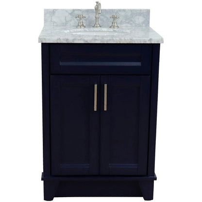 Bellaterra Home Terni 25" 2-Door 1-Drawer Blue Freestanding Vanity Set With Ceramic Undermount Oval Sink and White Carrara Marble Top