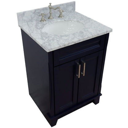 Bellaterra Home Terni 25" 2-Door 1-Drawer Blue Freestanding Vanity Set With Ceramic Undermount Oval Sink and White Carrara Marble Top