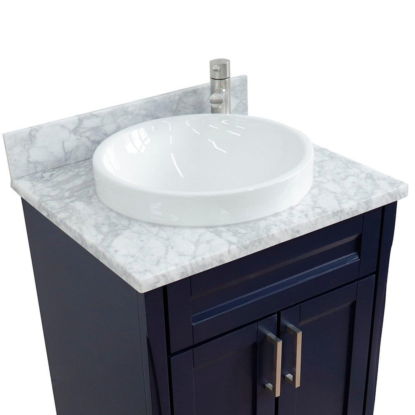 Bellaterra Home Terni 25" 2-Door 1-Drawer Blue Freestanding Vanity Set With Ceramic Vessel Sink and White Carrara Marble Top