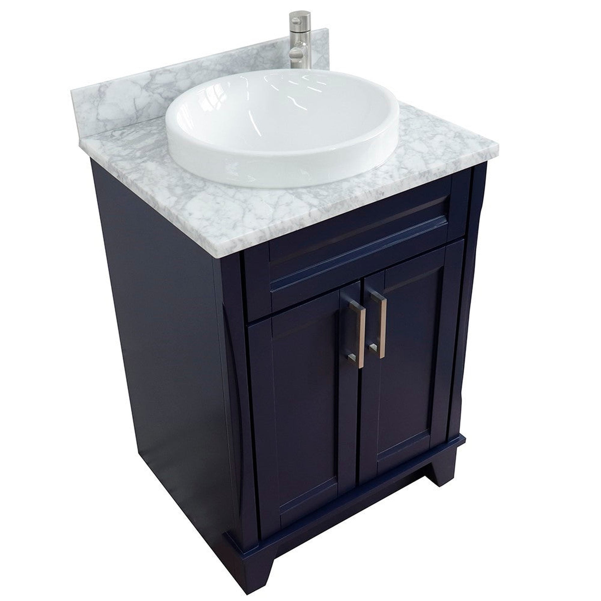 Bellaterra Home Terni 25" 2-Door 1-Drawer Blue Freestanding Vanity Set With Ceramic Vessel Sink and White Carrara Marble Top