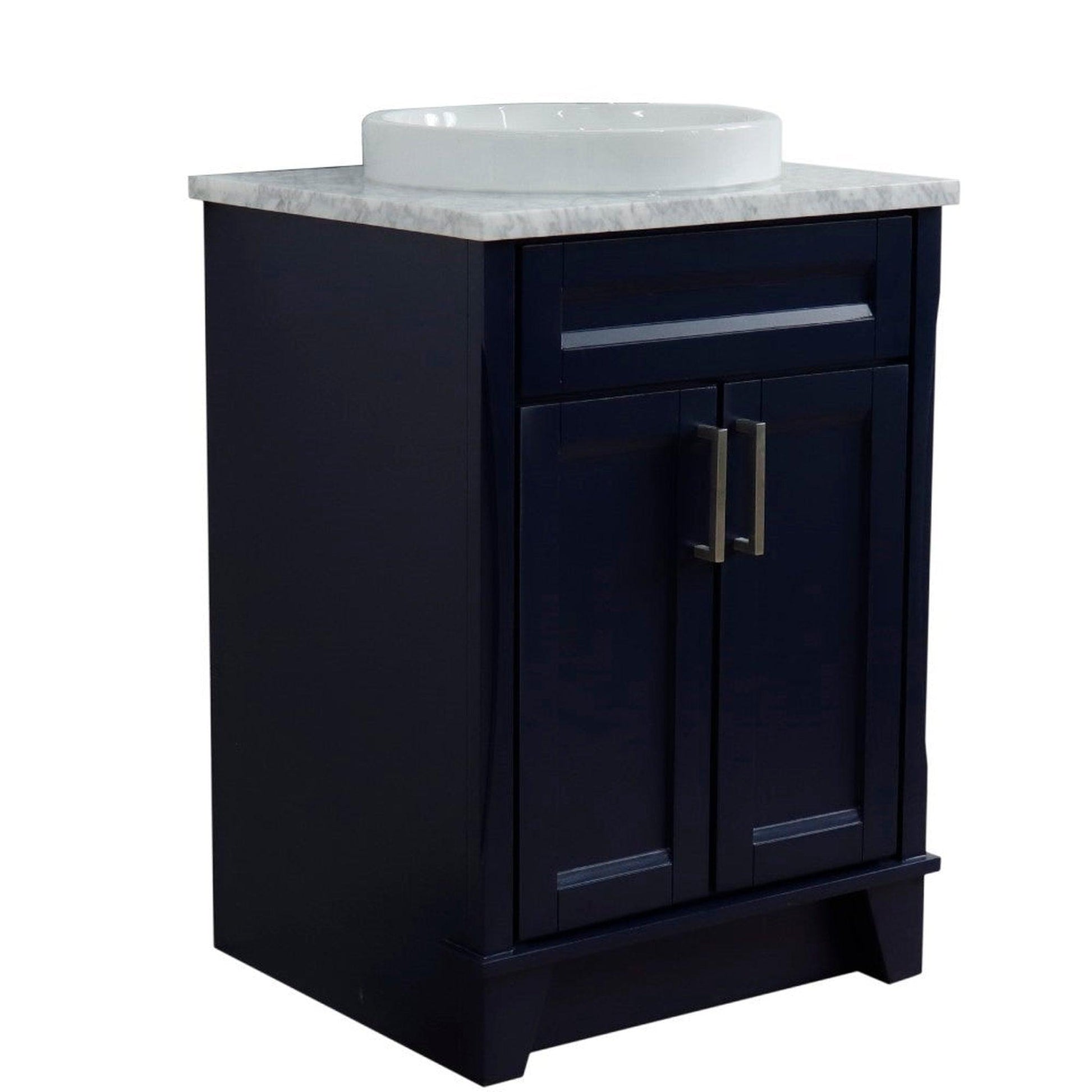 Bellaterra Home Terni 25" 2-Door 1-Drawer Blue Freestanding Vanity Set With Ceramic Vessel Sink and White Carrara Marble Top