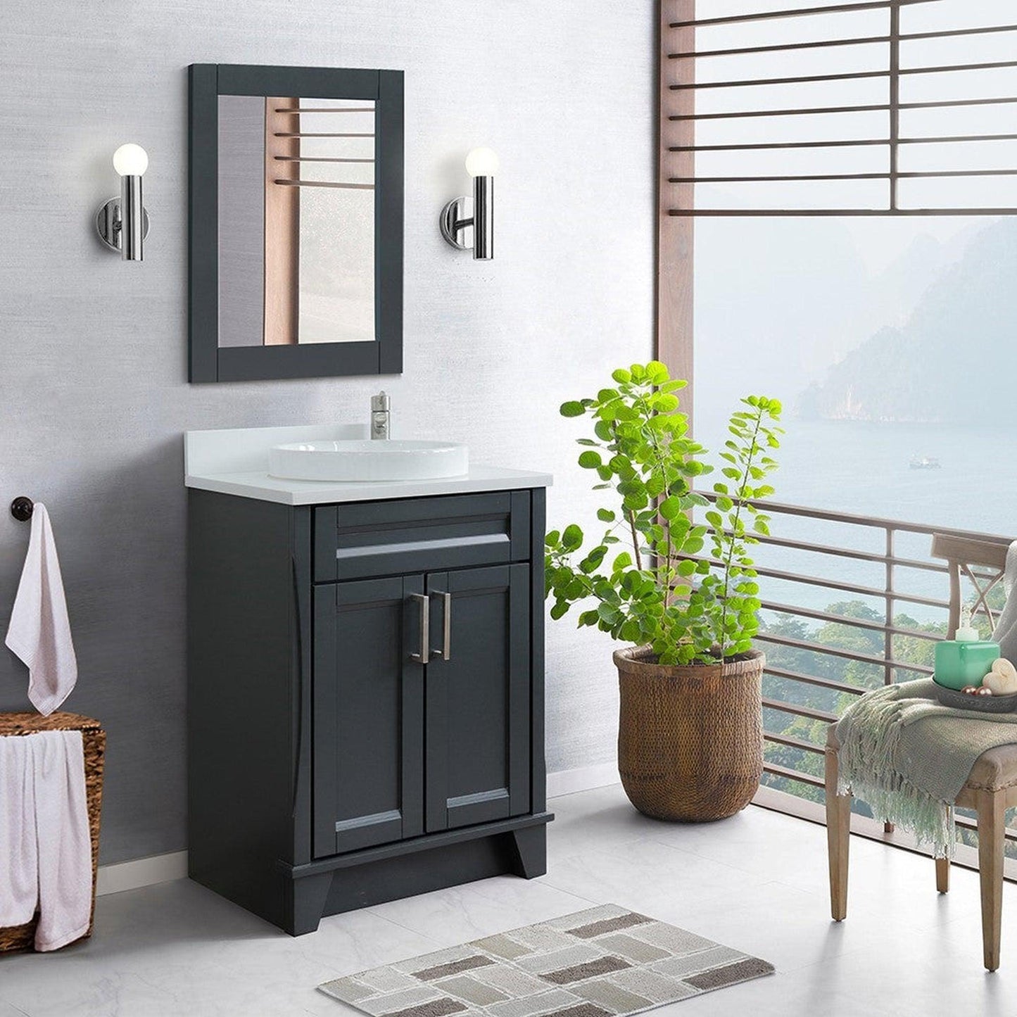 Bellaterra Home Terni 25" 2-Door 1-Drawer Dark Gray Freestanding Vanity Set With Ceramic Vessel Sink and White Quartz Top