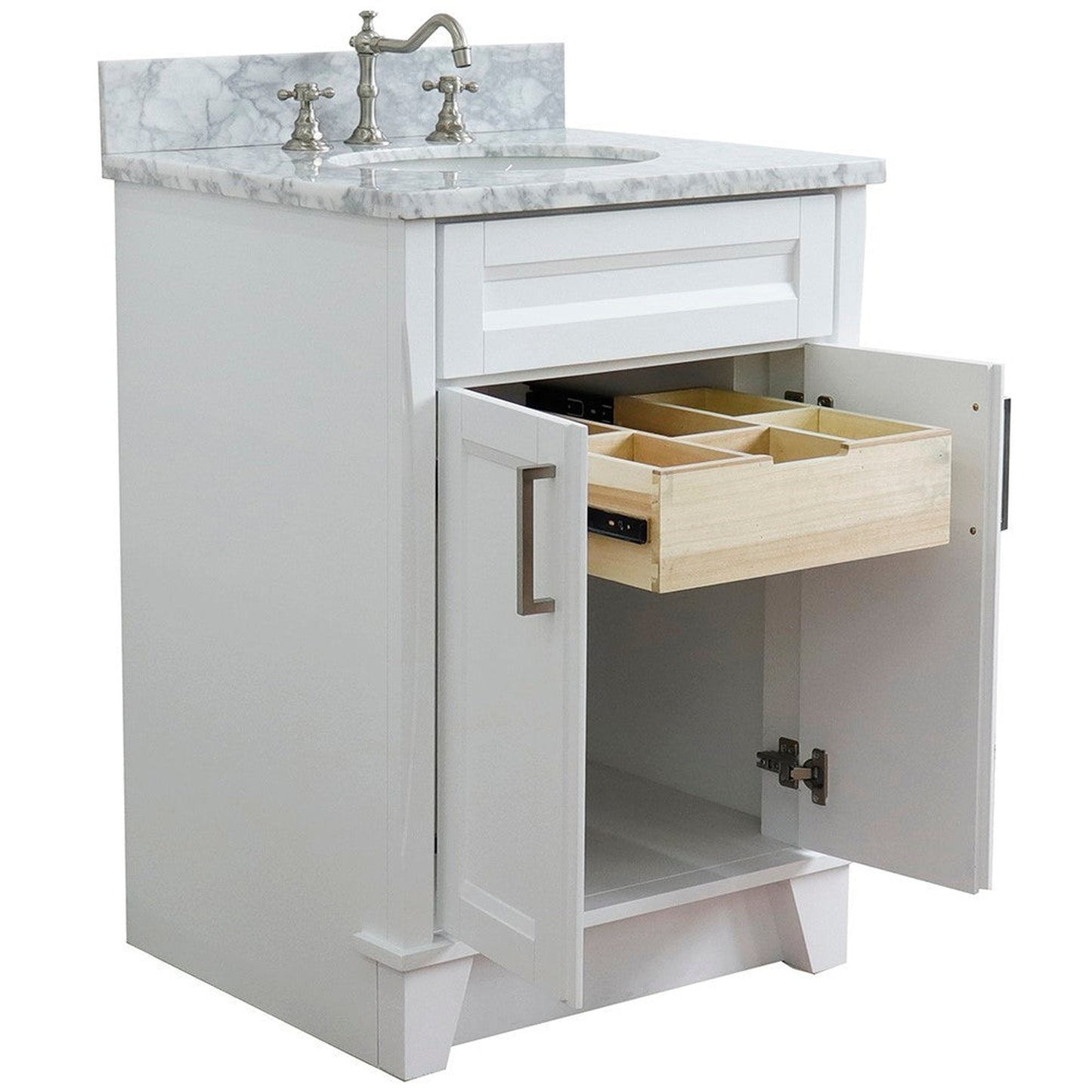 Bellaterra Home Terni 25" 2-Door 1-Drawer White Freestanding Vanity Set With Ceramic Undermount Oval Sink and White Carrara Marble Top