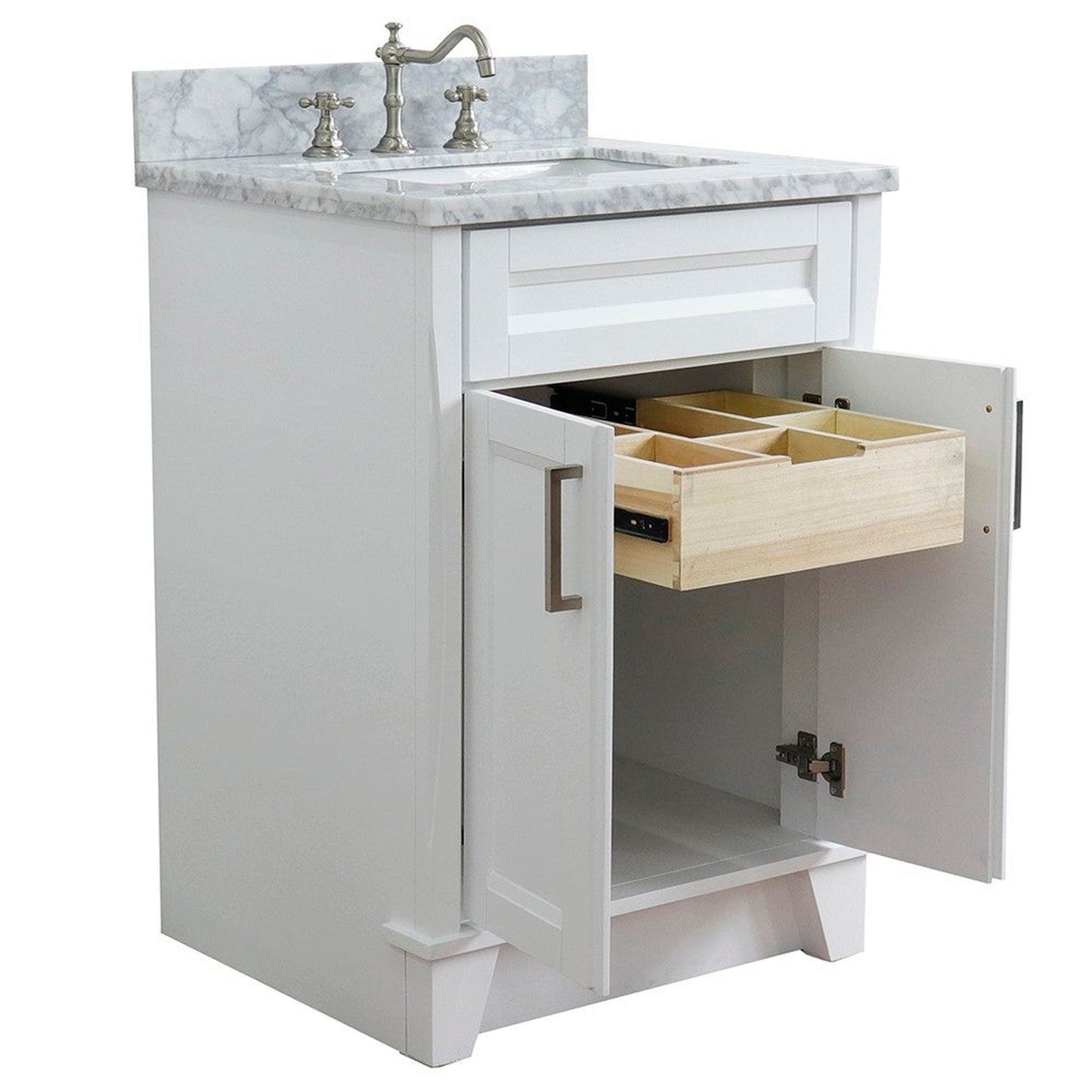 Bellaterra Home Terni 25" 2-Door 1-Drawer White Freestanding Vanity Set With Ceramic Undermount Rectangular Sink and White Carrara Marble Top