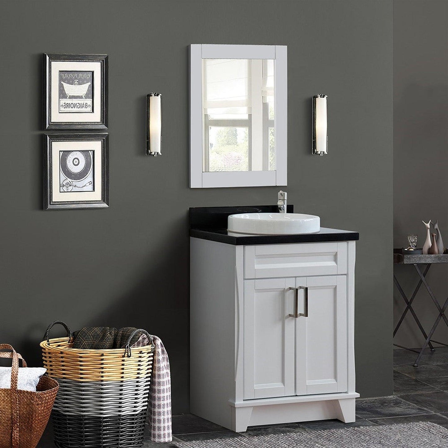 Bellaterra Home Terni 25" 2-Door 1-Drawer White Freestanding Vanity Set With Ceramic Vessel Sink and Black Galaxy Granite Top