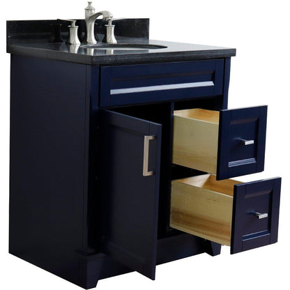 Bellaterra Home Terni 31" 1-Door 2-Drawer Blue Freestanding Vanity Set With Ceramic Undermount Oval Sink and Black Galaxy Granite Top