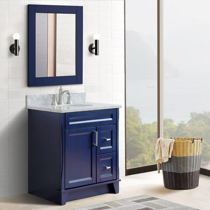 Bellaterra Home Terni 31" 1-Door 2-Drawer Blue Freestanding Vanity Set With Ceramic Undermount Oval Sink and White Carrara Marble Top