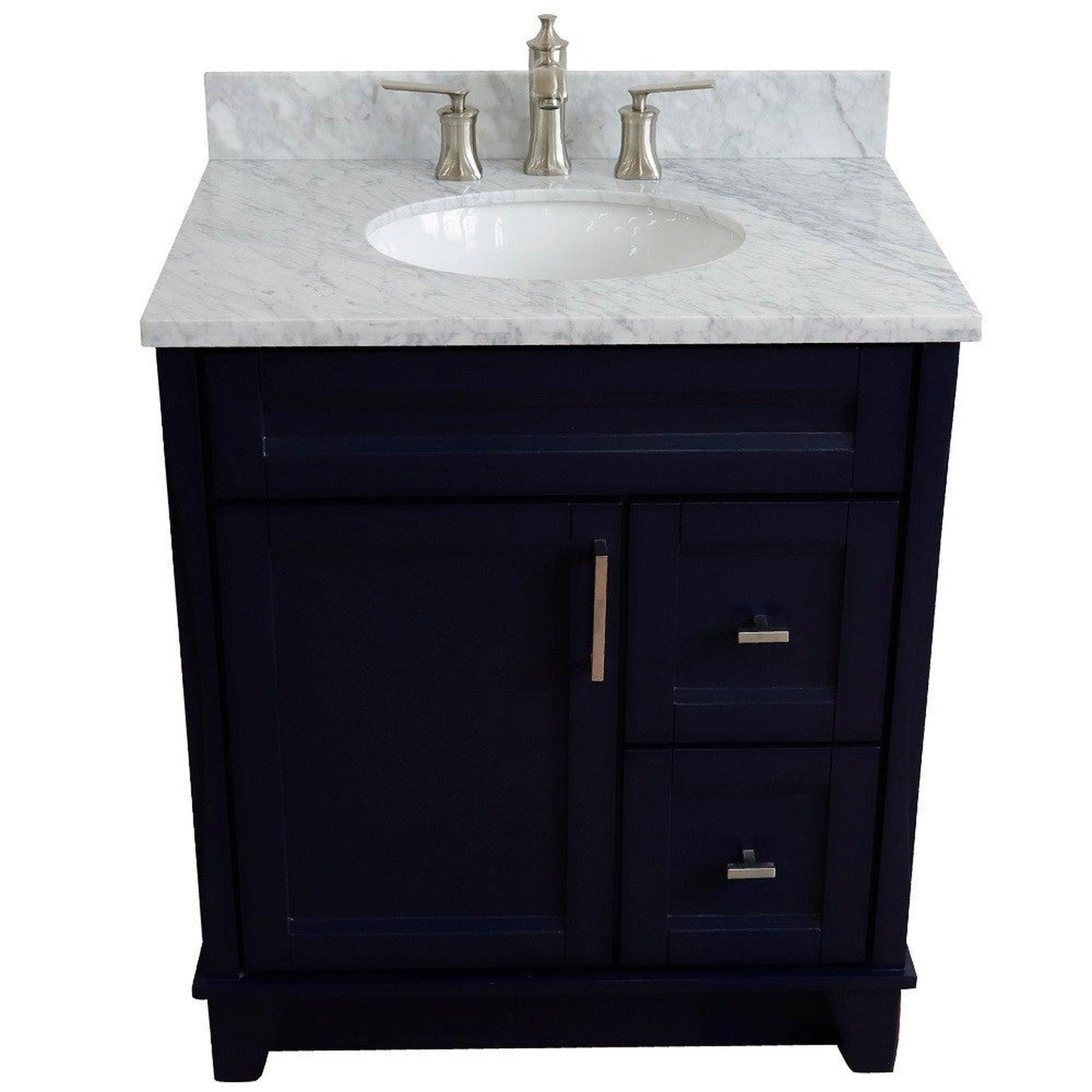 Bellaterra Home Terni 31" 1-Door 2-Drawer Blue Freestanding Vanity Set With Ceramic Undermount Oval Sink and White Carrara Marble Top