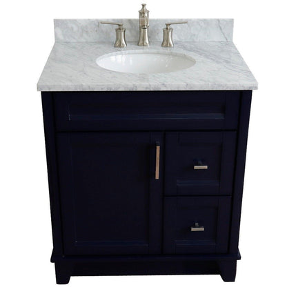Bellaterra Home Terni 31" 1-Door 2-Drawer Blue Freestanding Vanity Set With Ceramic Undermount Oval Sink and White Carrara Marble Top