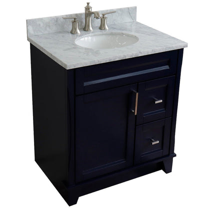 Bellaterra Home Terni 31" 1-Door 2-Drawer Blue Freestanding Vanity Set With Ceramic Undermount Oval Sink and White Carrara Marble Top