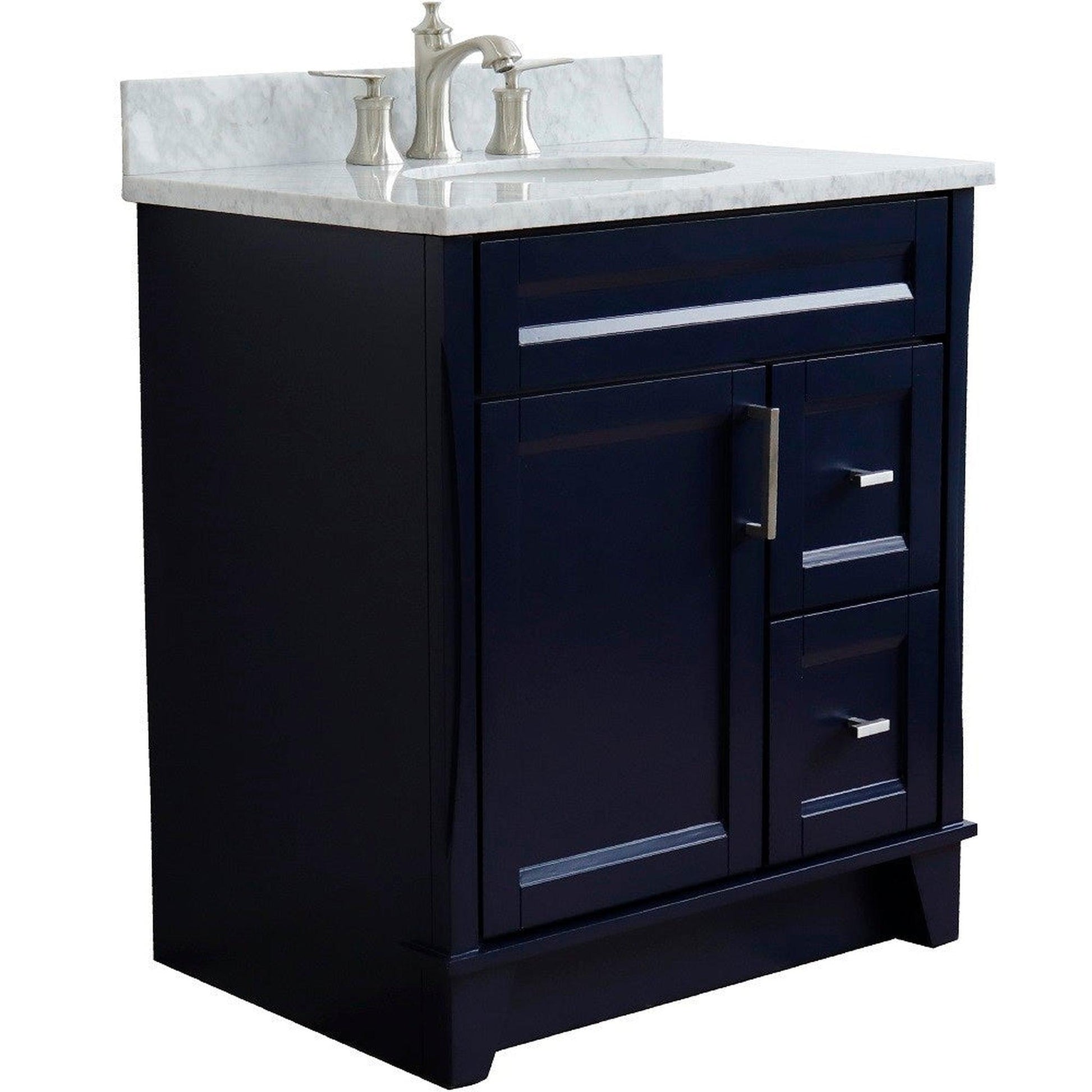 Bellaterra Home Terni 31" 1-Door 2-Drawer Blue Freestanding Vanity Set With Ceramic Undermount Oval Sink and White Carrara Marble Top