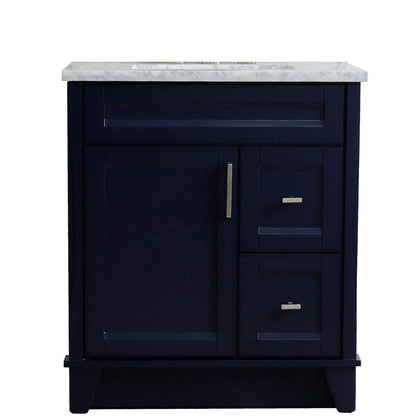 Bellaterra Home Terni 31" 1-Door 2-Drawer Blue Freestanding Vanity Set With Ceramic Undermount Rectangular Sink and White Carrara Marble Top