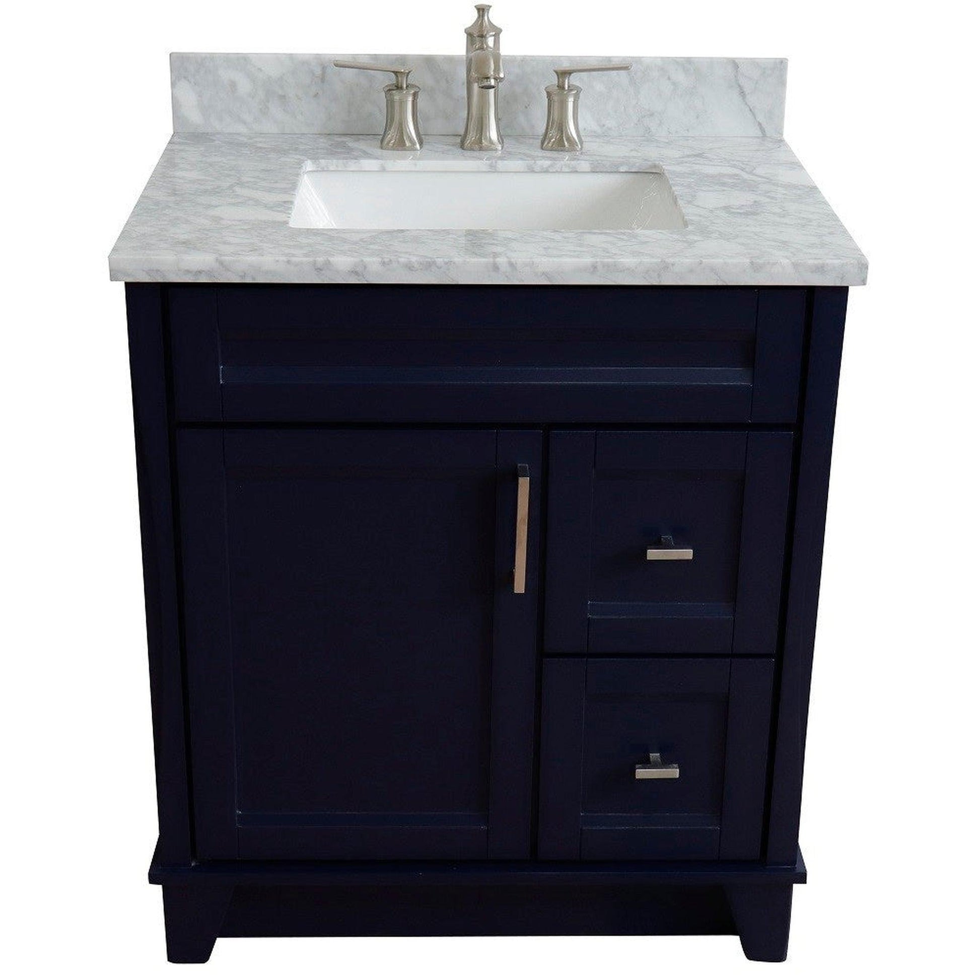 Bellaterra Home Terni 31" 1-Door 2-Drawer Blue Freestanding Vanity Set With Ceramic Undermount Rectangular Sink and White Carrara Marble Top