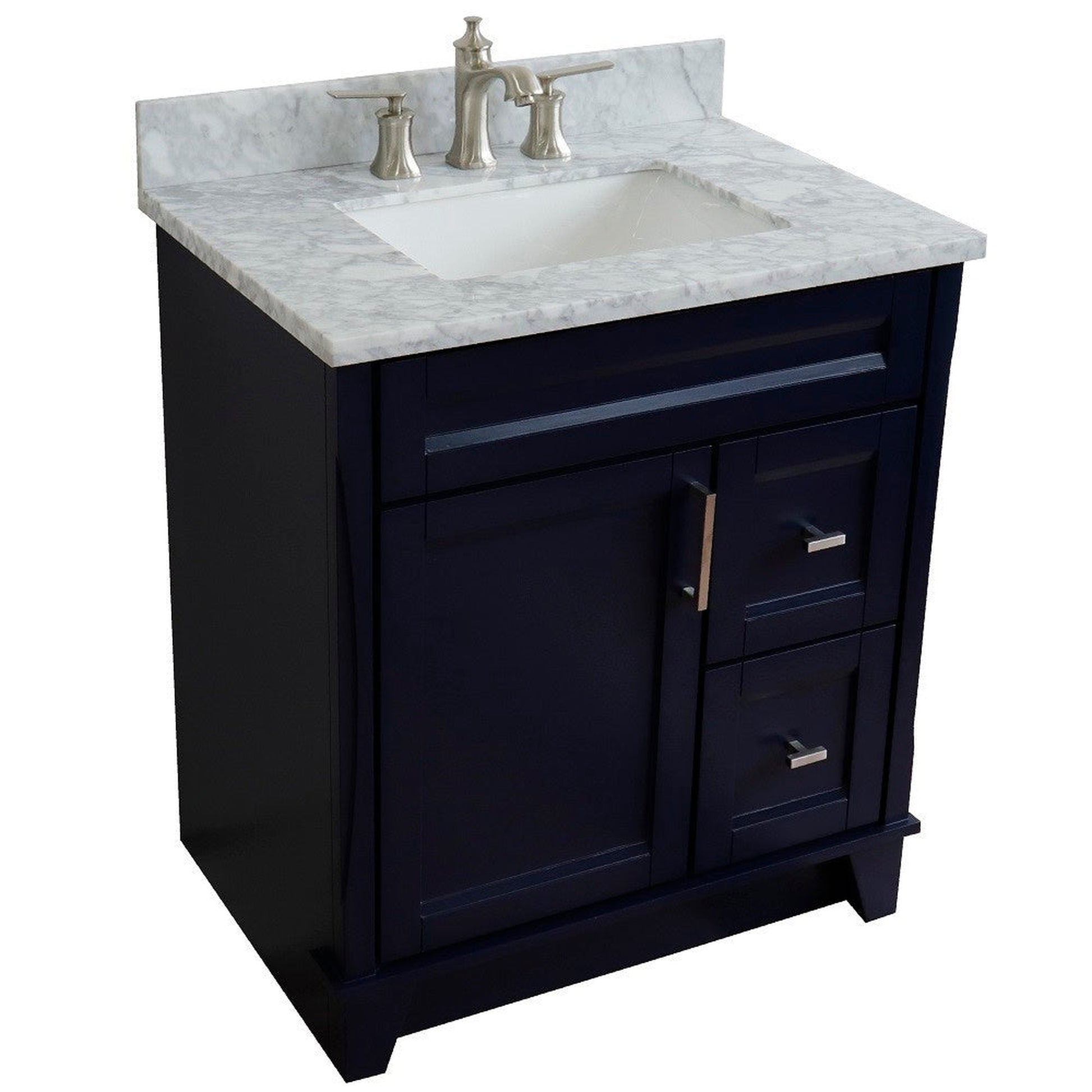 Bellaterra Home Terni 31" 1-Door 2-Drawer Blue Freestanding Vanity Set With Ceramic Undermount Rectangular Sink and White Carrara Marble Top