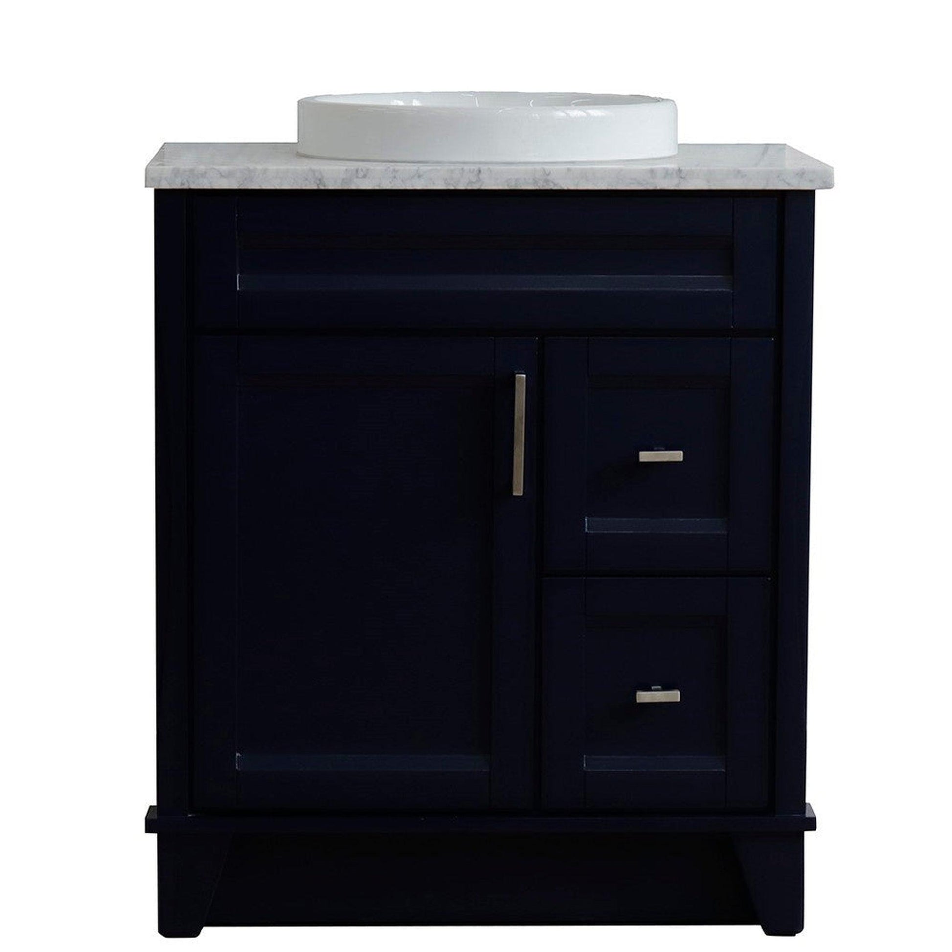 Bellaterra Home Terni 31" 1-Door 2-Drawer Blue Freestanding Vanity Set With Ceramic Vessel Sink and White Carrara Marble Top