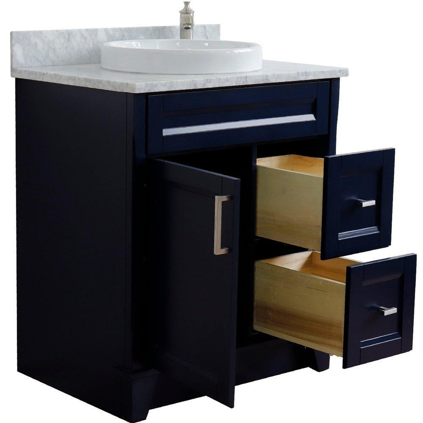 Bellaterra Home Terni 31" 1-Door 2-Drawer Blue Freestanding Vanity Set With Ceramic Vessel Sink and White Carrara Marble Top