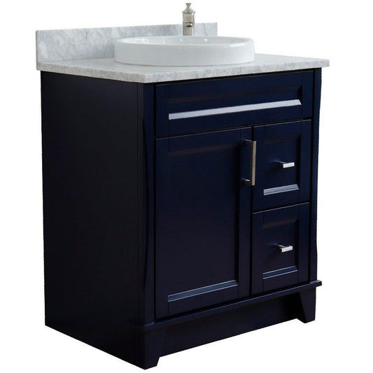 Bellaterra Home Terni 31" 1-Door 2-Drawer Blue Freestanding Vanity Set With Ceramic Vessel Sink and White Carrara Marble Top