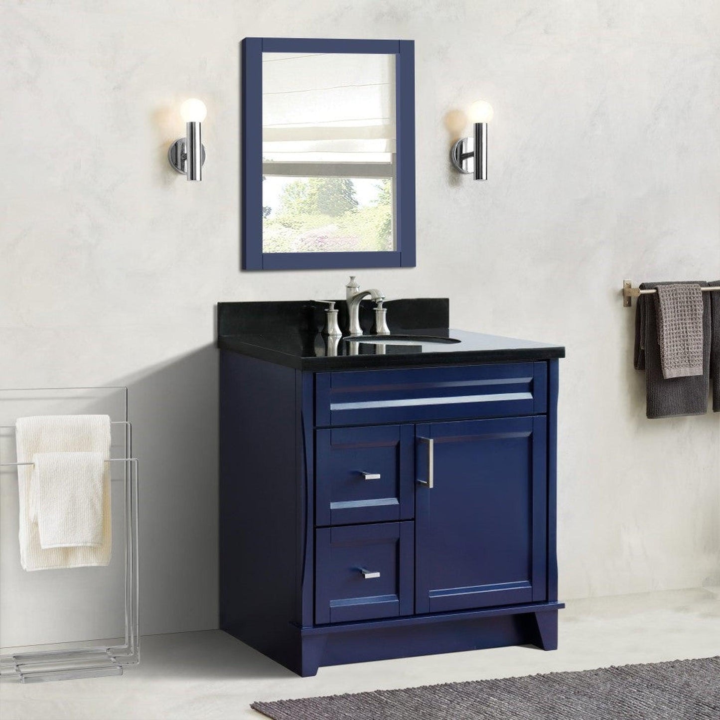 Bellaterra Home Terni 37" 1-Door 2-Drawer Blue Freestanding Vanity Set With Ceramic Center Undermount Oval Sink and Black Galaxy Granite Top, and Right Door Base