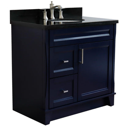 Bellaterra Home Terni 37" 1-Door 2-Drawer Blue Freestanding Vanity Set With Ceramic Center Undermount Oval Sink and Black Galaxy Granite Top, and Right Door Base