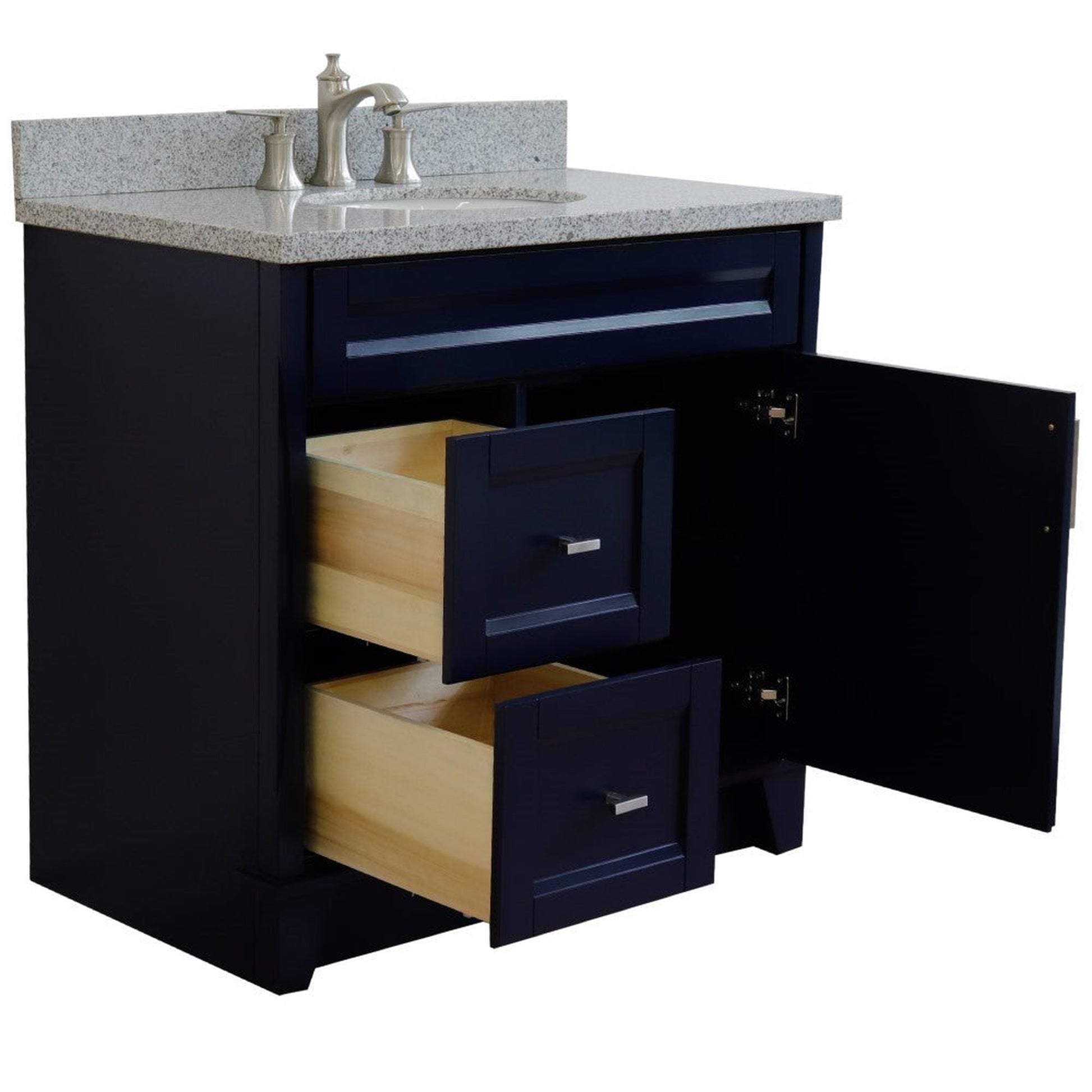 Bellaterra Home Terni 37" 1-Door 2-Drawer Blue Freestanding Vanity Set With Ceramic Center Undermount Oval Sink and Gray Granite Top, and Right Door Base