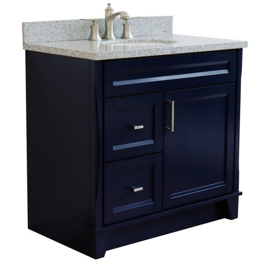 Bellaterra Home Terni 37" 1-Door 2-Drawer Blue Freestanding Vanity Set With Ceramic Center Undermount Oval Sink and Gray Granite Top, and Right Door Base