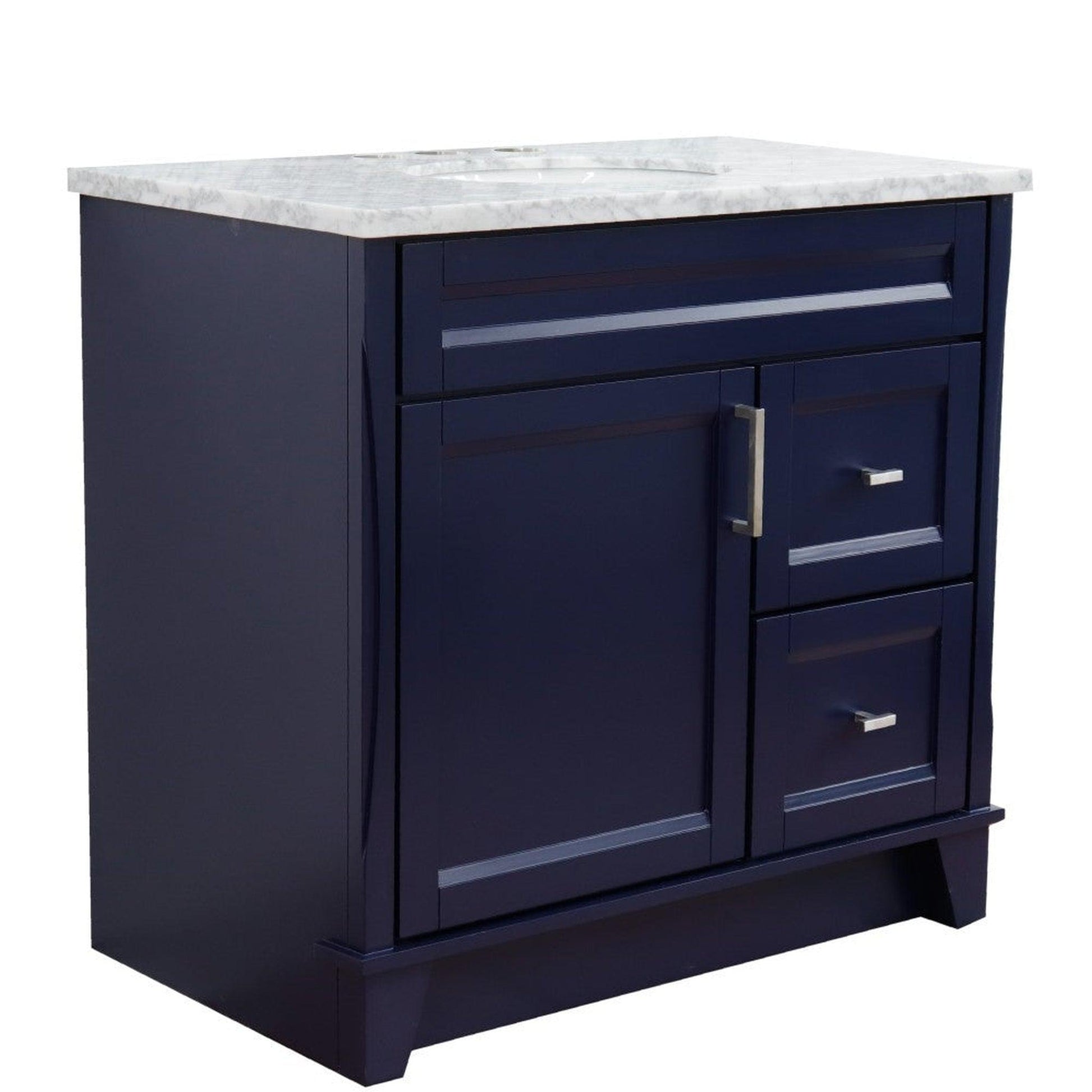 Bellaterra Home Terni 37" 1-Door 2-Drawer Blue Freestanding Vanity Set With Ceramic Center Undermount Oval Sink and White Carrara Marble Top, and Left Door Base