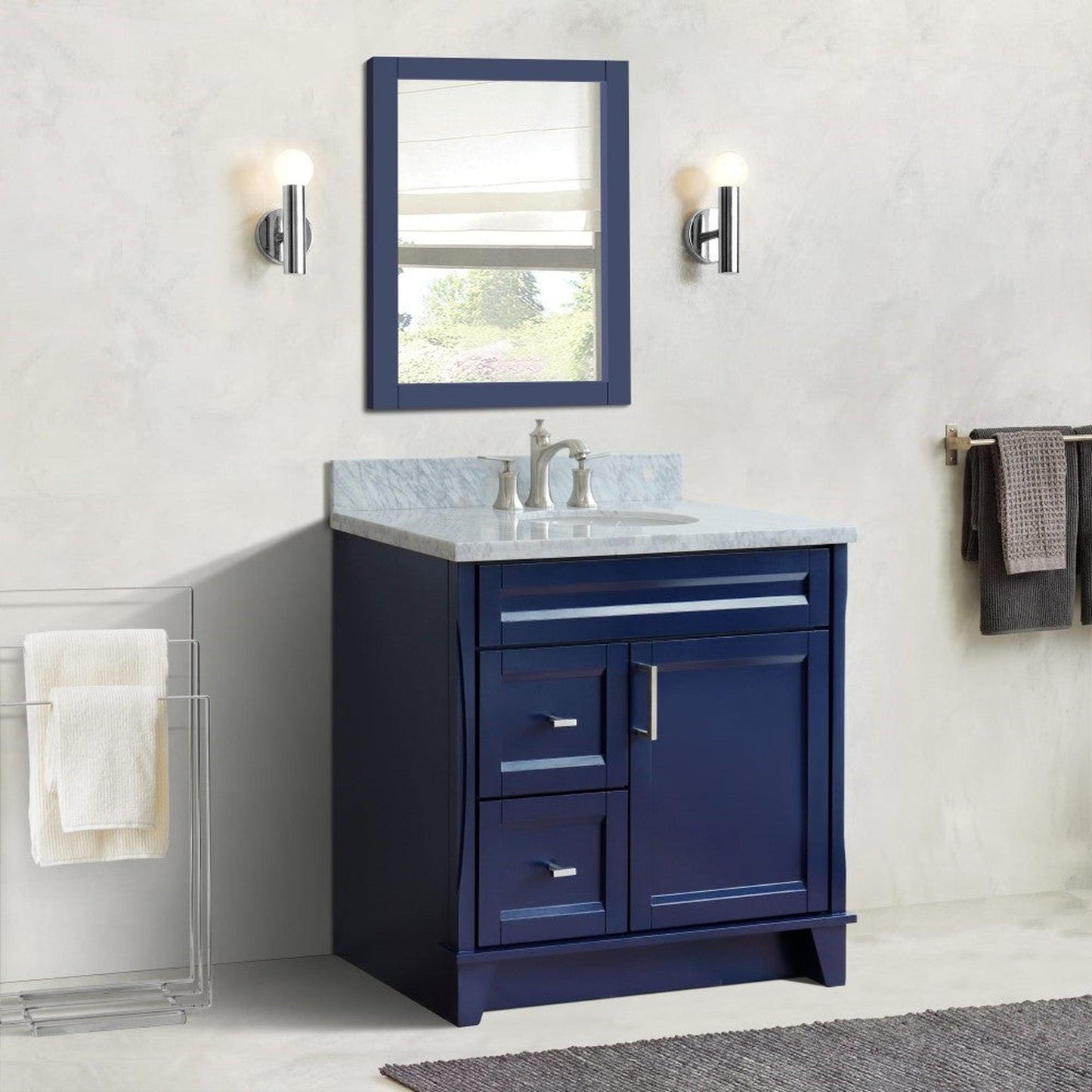 Bellaterra Home Terni 37" 1-Door 2-Drawer Blue Freestanding Vanity Set With Ceramic Center Undermount Oval Sink and White Carrara Marble Top, and Right Door Base