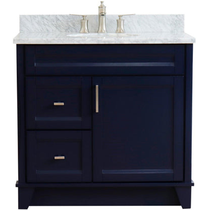Bellaterra Home Terni 37" 1-Door 2-Drawer Blue Freestanding Vanity Set With Ceramic Center Undermount Oval Sink and White Carrara Marble Top, and Right Door Base