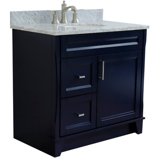 Bellaterra Home Terni 37" 1-Door 2-Drawer Blue Freestanding Vanity Set With Ceramic Center Undermount Oval Sink and White Carrara Marble Top, and Right Door Base