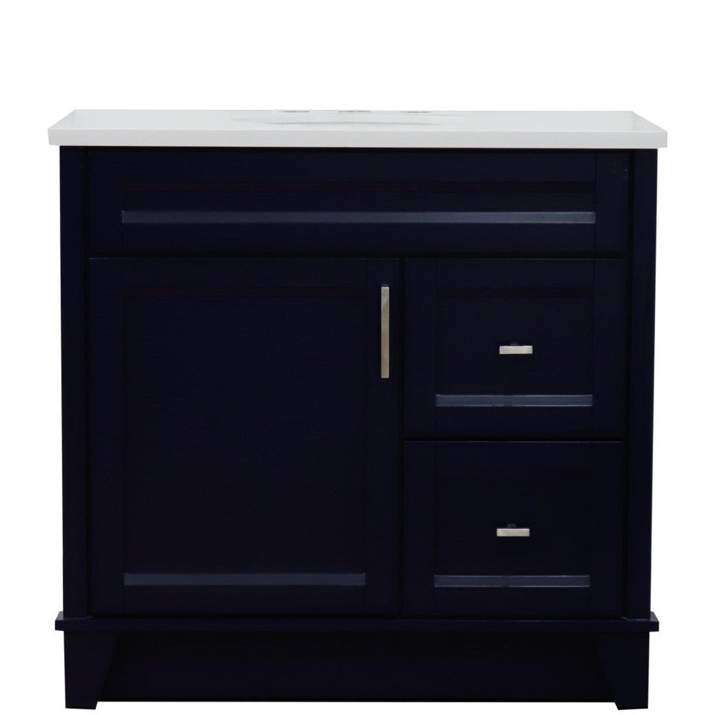 Bellaterra Home Terni 37" 1-Door 2-Drawer Blue Freestanding Vanity Set With Ceramic Center Undermount Oval Sink and White Quartz Top, and Left Door Base