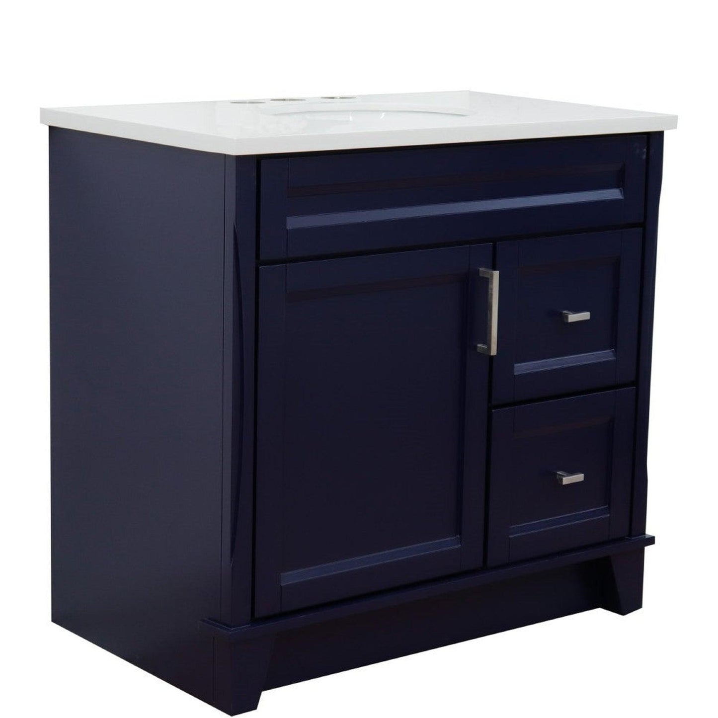 Bellaterra Home Terni 37" 1-Door 2-Drawer Blue Freestanding Vanity Set With Ceramic Center Undermount Oval Sink and White Quartz Top, and Left Door Base