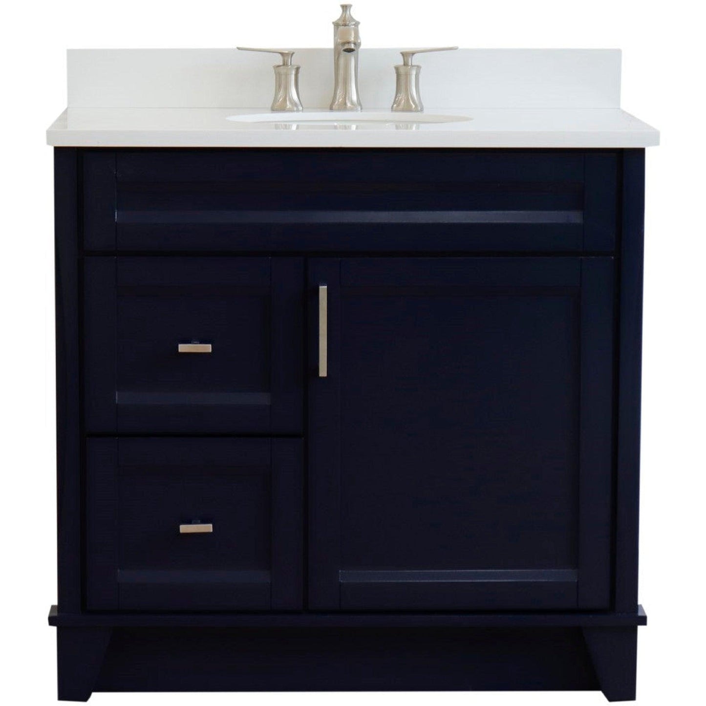 Bellaterra Home Terni 37" 1-Door 2-Drawer Blue Freestanding Vanity Set With Ceramic Center Undermount Oval Sink and White Quartz Top, and Right Door Base