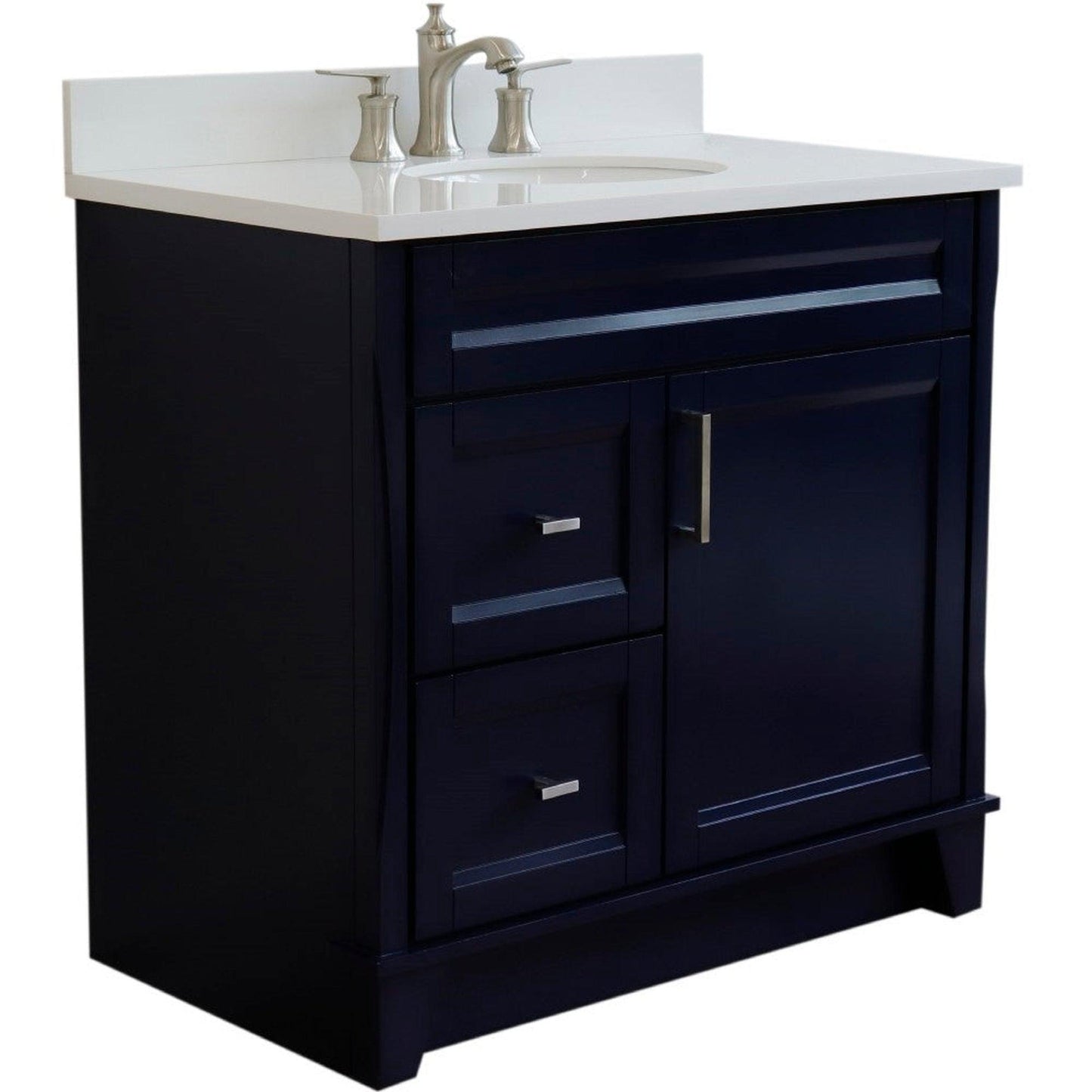 Bellaterra Home Terni 37" 1-Door 2-Drawer Blue Freestanding Vanity Set With Ceramic Center Undermount Oval Sink and White Quartz Top, and Right Door Base