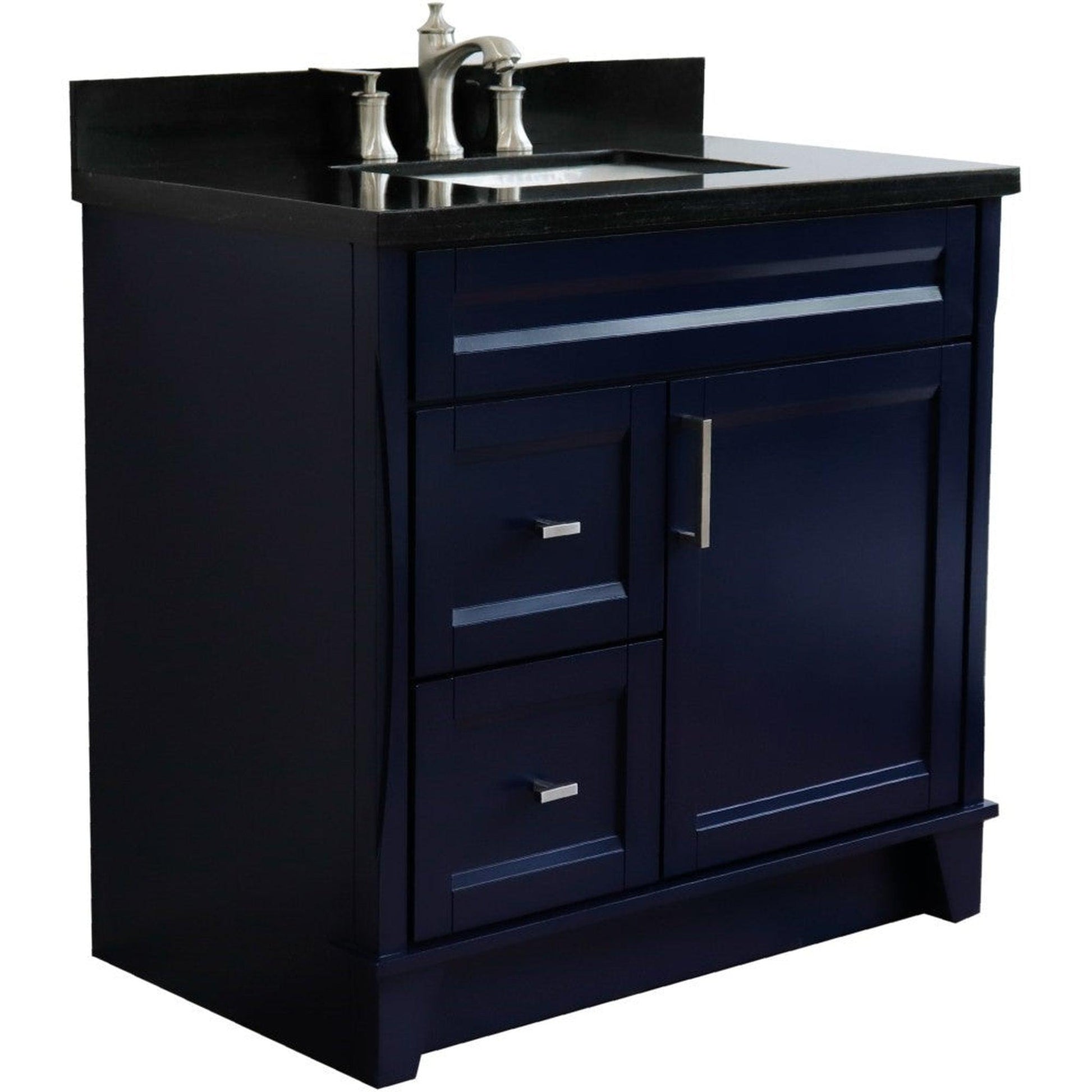 Bellaterra Home Terni 37" 1-Door 2-Drawer Blue Freestanding Vanity Set With Ceramic Center Undermount Rectangular Sink and Black Galaxy Granite Top, and Right Door Base