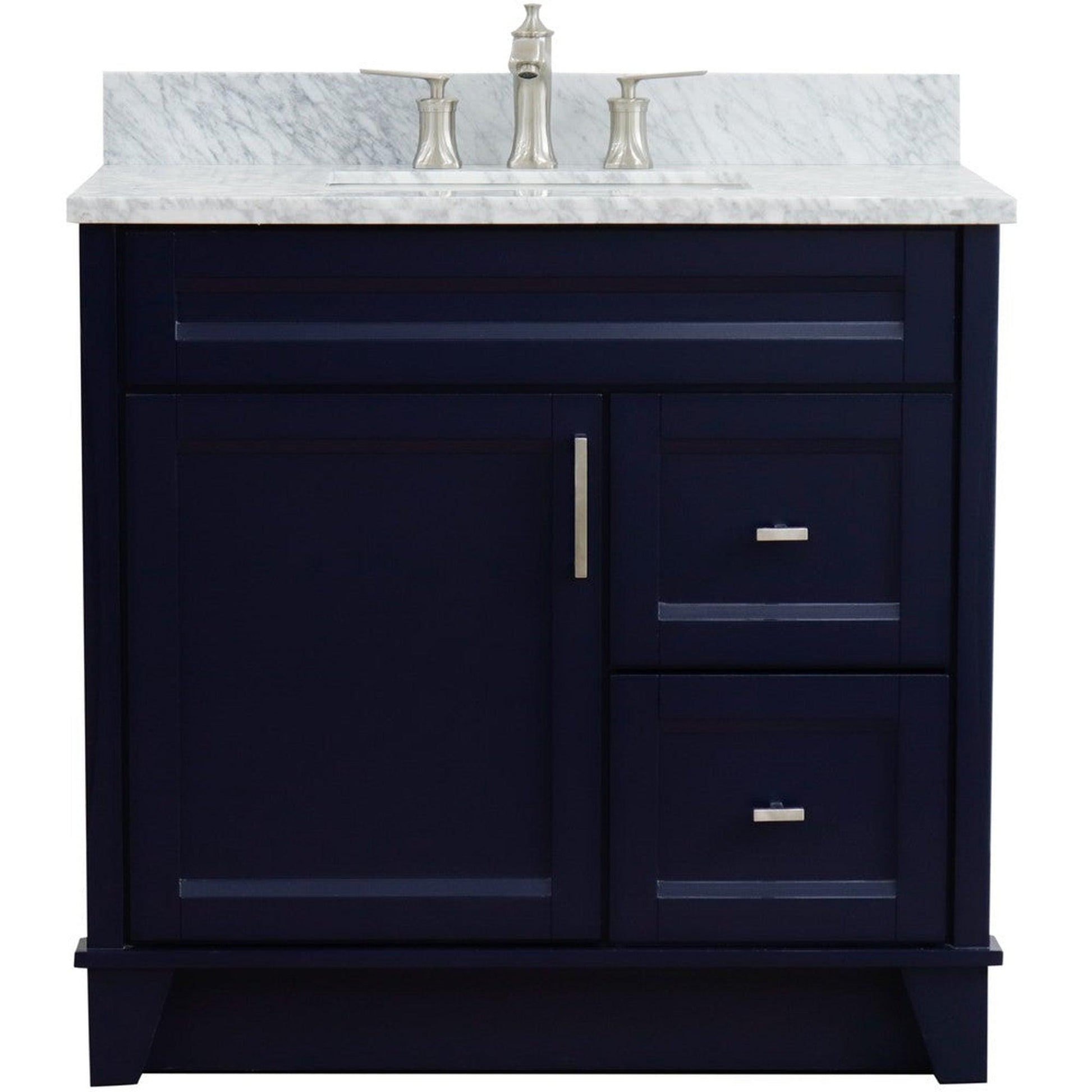 Bellaterra Home Terni 37" 1-Door 2-Drawer Blue Freestanding Vanity Set With Ceramic Center Undermount Rectangular Sink and White Carrara Marble Top, and Left Door Base