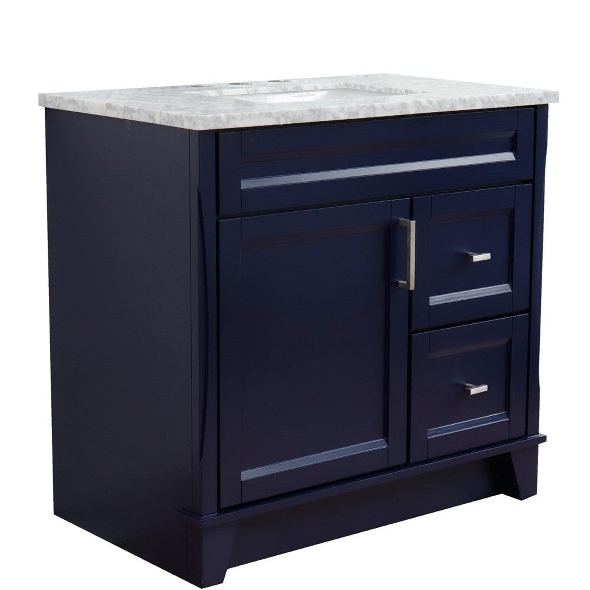 Bellaterra Home Terni 37" 1-Door 2-Drawer Blue Freestanding Vanity Set With Ceramic Center Undermount Rectangular Sink and White Carrara Marble Top, and Left Door Base