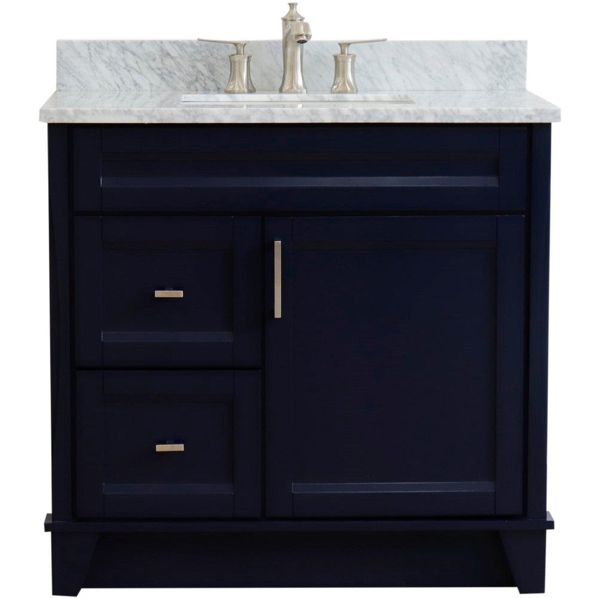 Bellaterra Home Terni 37" 1-Door 2-Drawer Blue Freestanding Vanity Set With Ceramic Center Undermount Rectangular Sink and White Carrara Marble Top, and Right Door Base